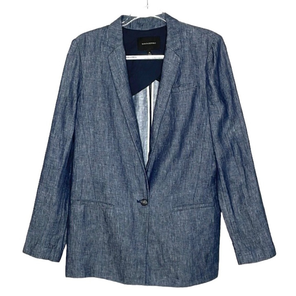 BANANA REPUBLIC LINEN ONE BUTTON LONG LINE BLAZER LTWEIGHT BLUE DENIM LOOK SZ 10